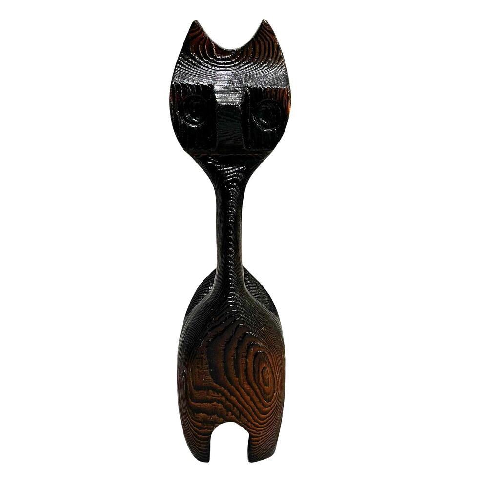Unique vintage carved wood cat figurine 1970's dark brown textured wood grain